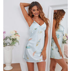 QSROCIO Summer Women's Pajamas Sleepwear Watercolor Print Sling Dress Sexy Satin Silk Like Nightwear Home Wear Nightdress