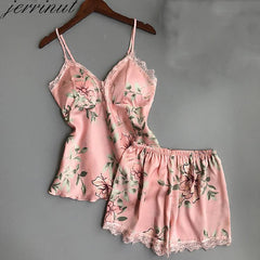 Jerrinut النساء ملابس خاصة بيجامة من الحرير مجموعة قمصان النوم الملابس الداخلية الصيف الحرير الساتان الدانتيل أكمام ملابس المنزل مع وسادة الصدر