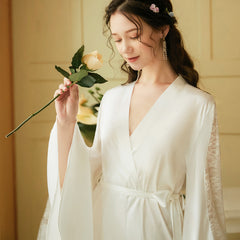 Long sleeved nightgown female spring and Summer Palace wind silk pajamas sweet large size ice silk home clothes