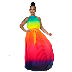 Round neck sleeveless elegant tie-dye elegant waist dress