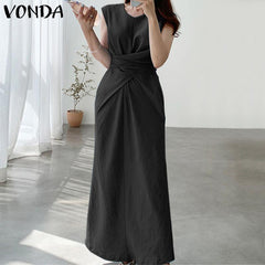 VONDA Elegant Dresses For Women 2022 Solid O Neck Sleeveless Kink Spliced A-Line Vestidos Bohemian Party Casual Summer Plus Size Long Dresses