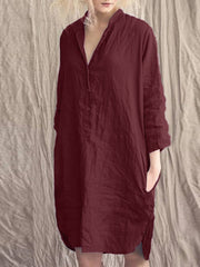 ZANZEA ladies Japanese and Korean style solid color simple temperament half placket pocket slit fashion loose daily casual mid-length shirt dress