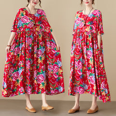 Ladies' new art large size women's clothing fat MM plus fertilizer to increase printing short-sleeved large flower cloth flower skirt beach long skirt