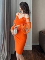 Chic Mesh Elegant Women Evening Dress Perspective Strap V-Neck Puff Sleeve Bodycon Slit Midi Robe Femme Vestidos Sexy Mujer Gown