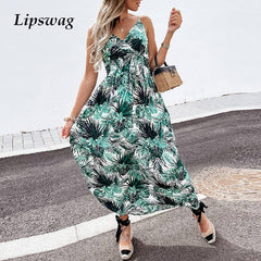 فستان بوهو زهري عتيق بدون أكمام أنيق للنساء للصيف بدون أكتاف وفتحة رقبة على شكل V فساتين شاطئ كاجوال للسيدات فستان طويل بدون أكمام