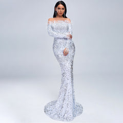 Sequined evening dress sexy female 2021 new European and American long-sleeved word shoulder feather party dress long section