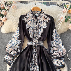 Ethnic court style elegant stand-up collar lantern sleeve printed dress with large A-line knee-length skirt