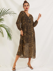 ZANZEA ladies retro leopard print dress spring and autumn new style sexy V-neck long-sleeved high-waist ankle skirt party boho style large size beach skirt Europe and America