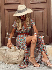 Fitted Boho Wrap Maxi Dress Holiday Beach High Slit Retro Sexy Women Dress Printed Tank Top