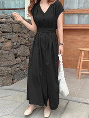 ZANZEA فساتين أنيقة للنساء سادة رقبة على شكل حرف v وأكمام قصيرة وتصميم مطوي فستان طويل موضة العطلات كاجوال فضفاض للسيدات فيستدو مقاس كبير