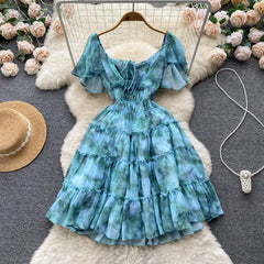 New light luxury palace oil painting French printing high-end design girl short waist dress