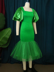 AOMEI Green Dress Bodycon Patchwork Mesh Party Mermaid Women Slim Short Lantern Sleeve Square Collar Elegant High Waist Event