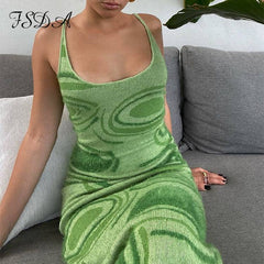 FSDA 2021 Print Knit Bodycon Dress Women Green Y2K Summer Hollow Out Sleeveless Spaghetti Strap Beach Midi Dresses Party