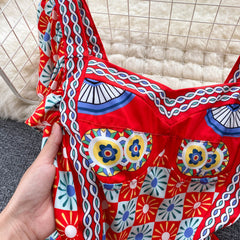 European and American temperament street shooting holiday wind printing mid-length dress retro court style temperament waist waist big skirt