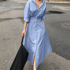 ZANZEA ladies Japanese and Korean art style solid color simple lady and ankle skirt lapel long sleeve waist waist design shirt skirt fashion trend elegant long skirt spring and autumn daily leisure vacation style A-line shirt dress large size