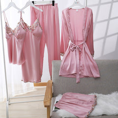 Sexy pajamas suspender nightdress spring and autumn style lace edge nightgown five-piece set home service