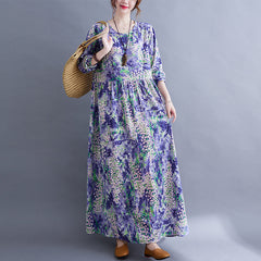 Ladies, Japan and South Korea, autumn new style art and leisure plus size women's fat MM plus fertilizer to increase printing cotton and linen long-sleeved temperament dress