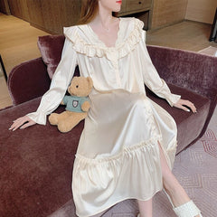 Nightgowns Women Autumn New French Style Sexy Solid Ruffles Long Sleeve Sleepwear Classy Casual Lounge Soft Sweet Homewear