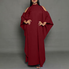 Celmia women's European and American fashion solid color long dress, elegant temperament, simple casual lady style, round neck, bat sleeves, off-shoulder design, A-line skirt, large-size skirt, daily spring and autumn large size, wild trendy long skirt