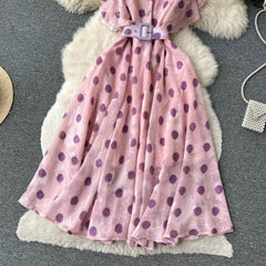 Temperament and elegant polka dot lotus leaf sleeve A-line dress chiffon skirt