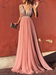New women's elegant sequins split sexy V-neck backless evening dress long skirt