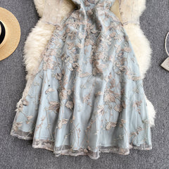 Court style heavy industry embroidery mesh dress skirt ladies elegant temperament women's dress