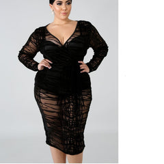 Plus Size 4xl Sexy Bodycon Dress Women V-neck Long Sleeve Dresses Ladies Night Club Party Mesh See Through Sheer Elegant