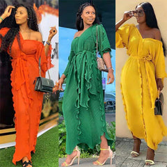 European and American dress African women's sexy V-neck pleated ruffle pearl chiffon loose and elegant