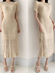 LANMREM Korean Style Elegant Knitted Dress Hollow Round Neck Wrap Hip Fishtail Dresses Female Chic Clothing 2022 Summer 2R2992