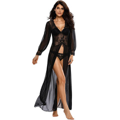 Women's robe sets set transparent mesh lace sexy pajamas femme stitching V-neck lace-up mesh long-sleeved nightgown +T pants