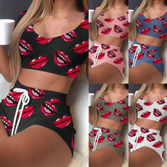 Women's pajamas deep v print big lips short-sleeved home wear suit