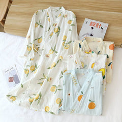 New Ladies Pajamas Cotton Gauze Kimono Robes for Women Thin 7 Points Sleeve SPA Home Wear Cotton Bathrobe Summer Cool
