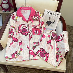 Spring and autumn long-sleeved pajamas female cardigan suit strawberry bear milk silk home service
