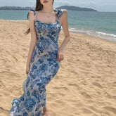 French Summer Vintage Floral Women Dress Midi Sleeveless Backless Y2k Fashion Blue Boho Party Bodycon Dress Chic Beach Dresses