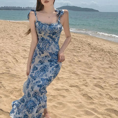 French Summer Vintage Floral Women Dress Midi Sleeveless Backless Y2k Fashion Blue Boho Party Bodycon Dress Chic Beach Dresses