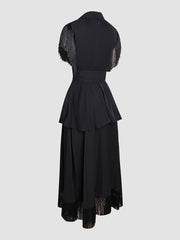 Black Elegant Satin V-Neck Fringed Hem Dress