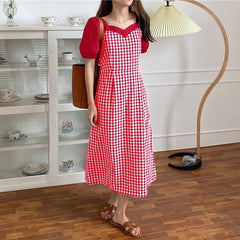 فستان VONDA للسيدات الياباني والكوري غير الرسمي الصغير المنقوش بخياطة أنيقة وبسيطة وياقة حب وأكمام قصيرة وأكمام منتفخة وخصر تنورة متأرجحة يومية للربيع والصيف مقاس كبير تنورة طويلة تناسب الجميع