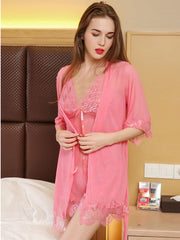 Deep V Women's Underwear Eyelashes Lace Sling Nightdress Nightgown Homewear Set