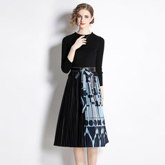 Han Caixi 2023 European and American cross-border women's clothing autumn and winter new fashion printed splicing dress pleated skirt for wome