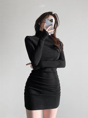 Brown Rib Knit Turtleneck Turtleneck Long Sleeves Sock Dress Women Spring 2022 Bodycon Ladies Short Black Sheath Mini Dress