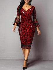 أزياء ملهى ليلي مثير على طراز امرأة ناضجة عميقة على شكل حرف V منخفضة القطع مطبوعة مجوفة غير منتظمة ثلاثة أرباع كم فستان ربيعي على الطراز الأوروبي والأمريكي