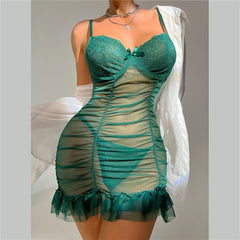 Women Sexy Lace Nightdress Summer Erotic Sleeveless Nightwear See Through Lingerie Backless Nightgown Thong Set Erotic Pajama