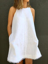 2023 خمر الصيف فستان أبيض المرأة القطن فستان كتان عادية س الرقبة أكمام تانك القمم فستان قصير تانك القمم