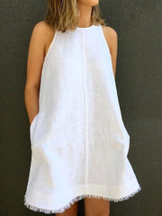 2023 خمر الصيف فستان أبيض المرأة القطن فستان كتان عادية س الرقبة أكمام تانك القمم فستان قصير تانك القمم