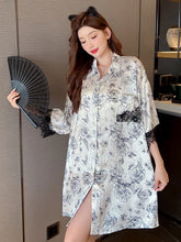 Ice Silk Shirt Dress Summer Thin Cardigan Lapel Print Short Sleeve Mid-Sleeve Nightdress