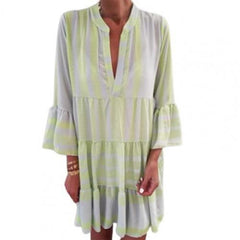 Printed Summer Flare Long Sleeve Dress Women Elegant Ruffle V Neck Stripe Boho Beach Mini Dress Women Loose A-Line Dress