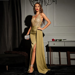Sequined Deep V Halter Slit Gathered High Waist Evening Dress with Hip Dress