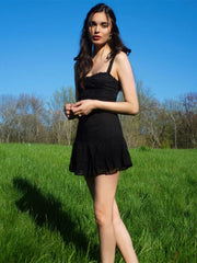 Sweet Black Summer Mini Dresses Bandage Backless Korean Women Sexy Mesh Wrap Sundress Bodycon Casual Clothing