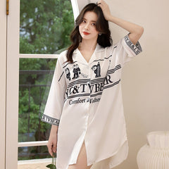 Foreign trade wholesale nightgown ladies summer thin cardigan shirt skirt outer wear spring and autumn large size printed pajamas home clothes