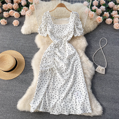 Square collar polka dot dress short-sleeved new summer French style waist sweet temperament puff sleeves big dress